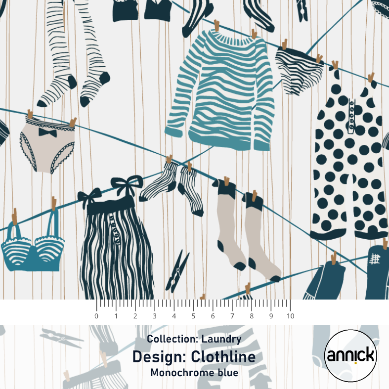 Bio Stoff  - Laundry Clotheslines Monochrome Blue - Annick, creme, Gegenstände