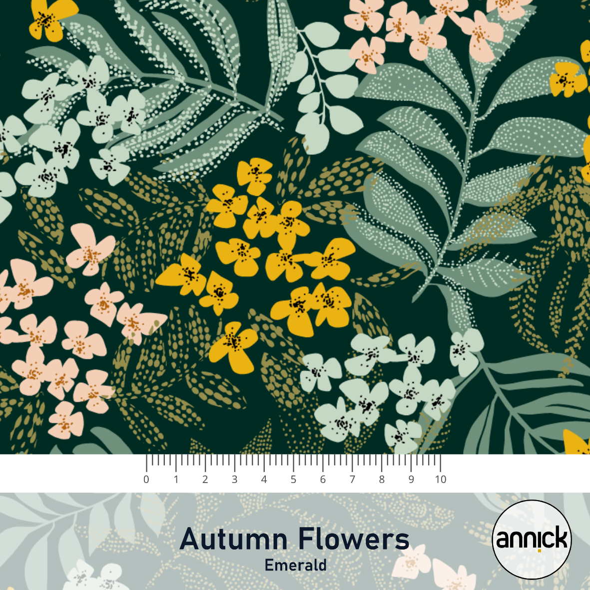 Bio Webware Stoff  -  Autumn Flowers Emerald  - Annick, Blätter & Ranken, grün, 100% Bio-Baumwolle
