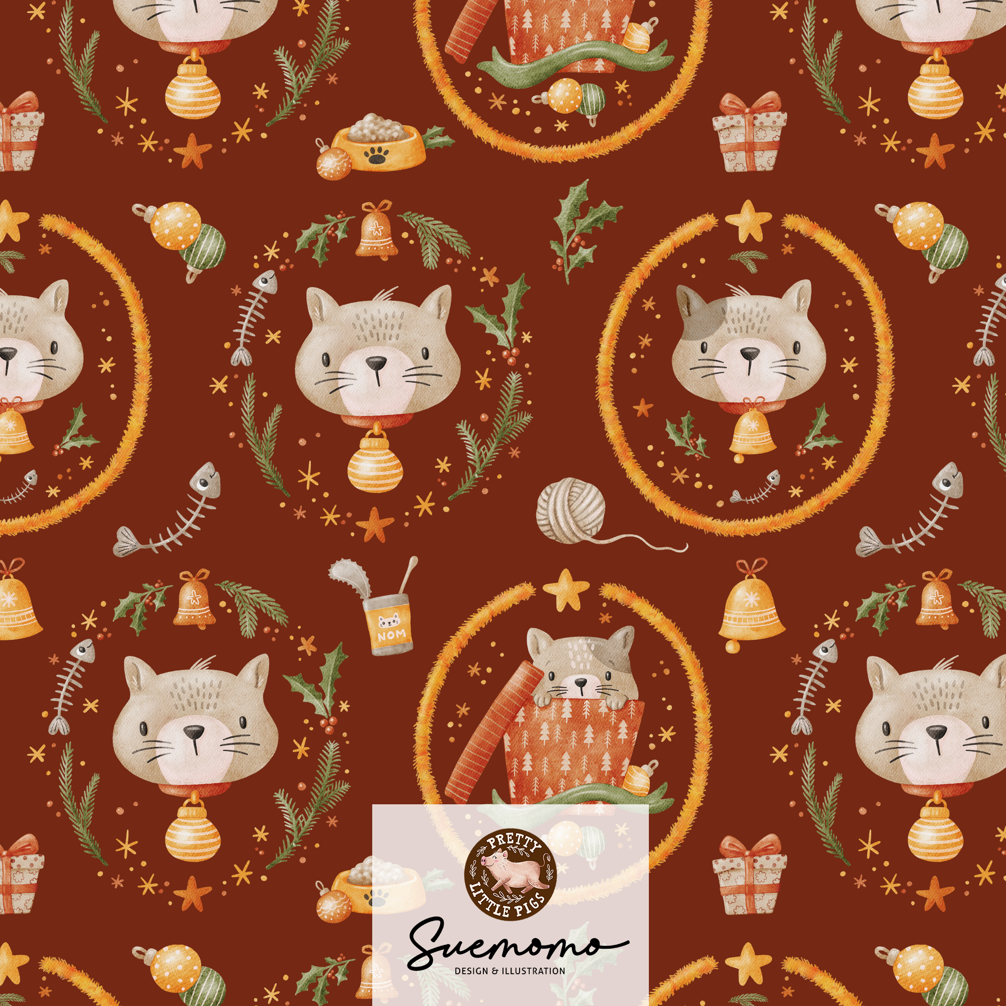 Bio Webware Stoff - Meowy Christmas Vignette - PrettyLittlePigs, Tiere, rot, 100% Bio-Baumwolle Bio Webware Stoff - Meowy Christmas Vignette - PrettyLittlePigs, Tiere, rot, 100% Bio-Baumwolle