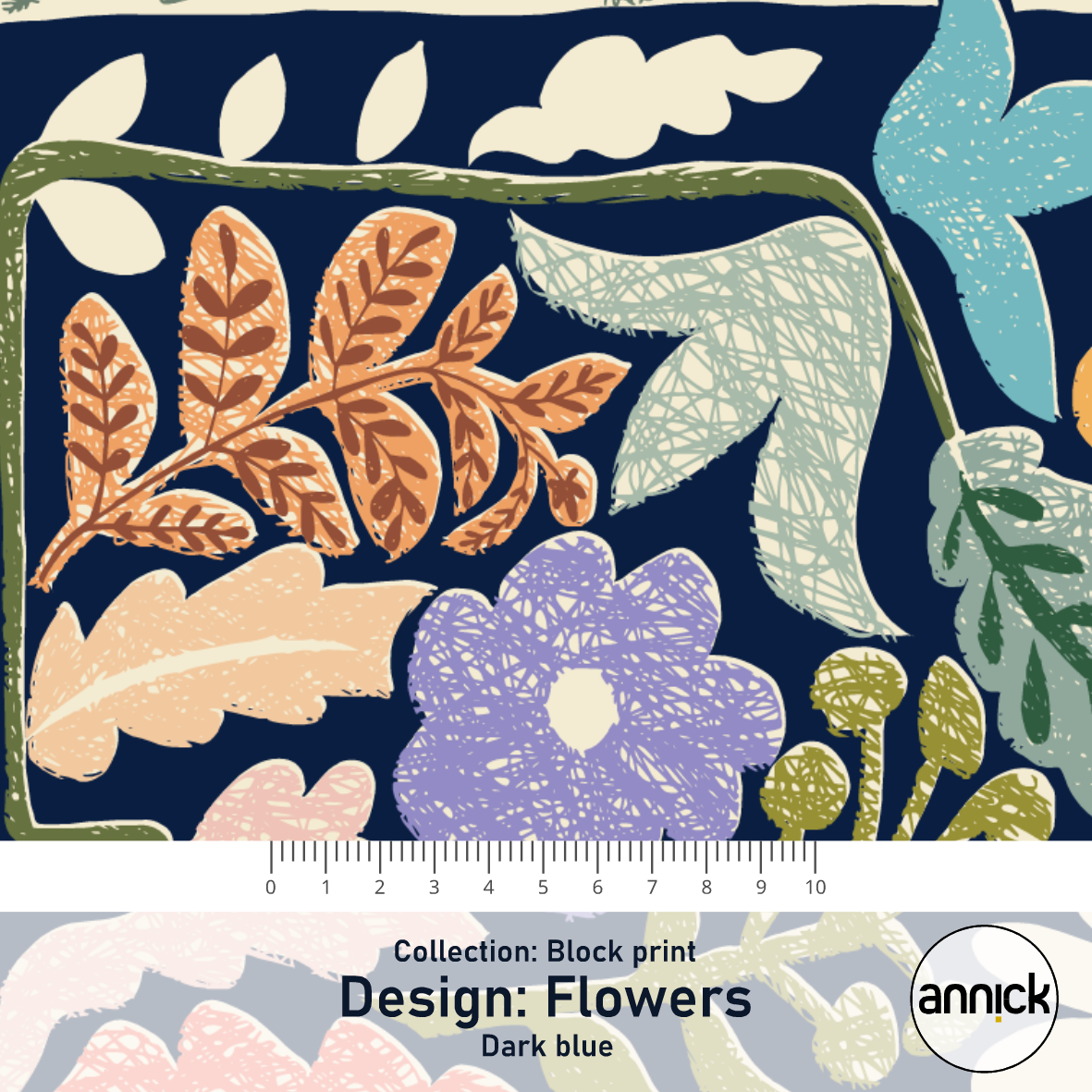 Bio Stoff  -  Block Print Farmland Flowers Dark Blue  - Annick, Bäume & Palmen, blau, Blätter & Ranken, Abstrakt