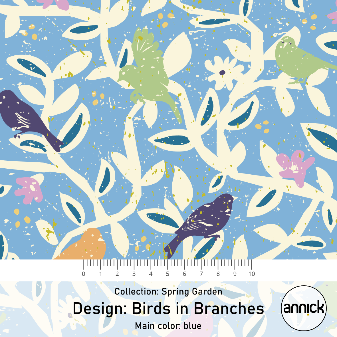 Spring Garden Birds in Branches Blue