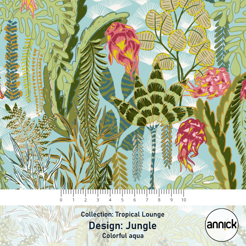 Bio Webware Stoff - Tropical Lounge Jungle Colorful Aqua - Annick, blau, Blätter, 100% Bio-Baumwolle Bio Webware Stoff - Tropical Lounge Jungle Colorful Aqua - Annick, blau, Blätter, 100% Bio-Baumwolle