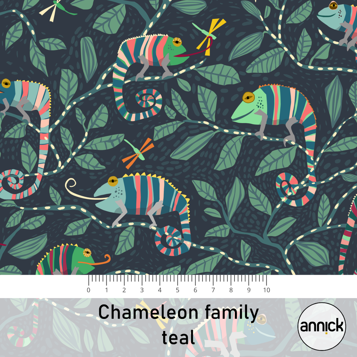 Bio Webware Stoff  -  Chameleon Family Teal  - Annick, Tiere, petrol, 100% Bio-Baumwolle