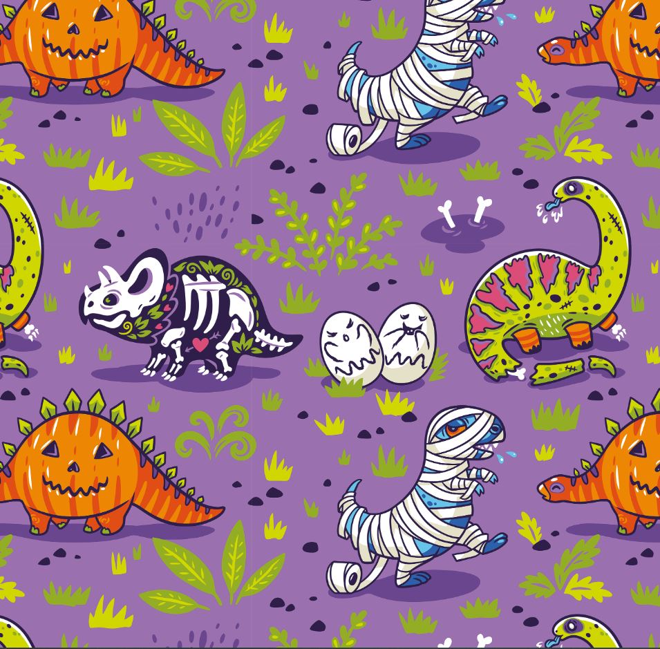 Bio Webware Stoff  -  Dinoween  - LilleSelection, Tiere, Halloween, lila, 100% Bio-Baumwolle
