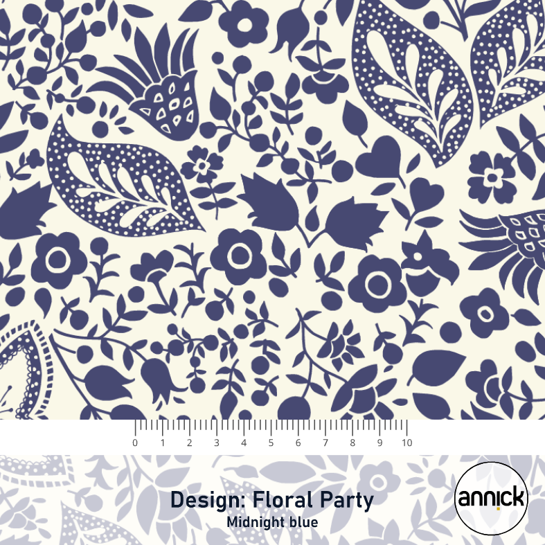 Bio Stoff  - Floral Party Midnight Blue - Annick, creme, Floral & Blumen