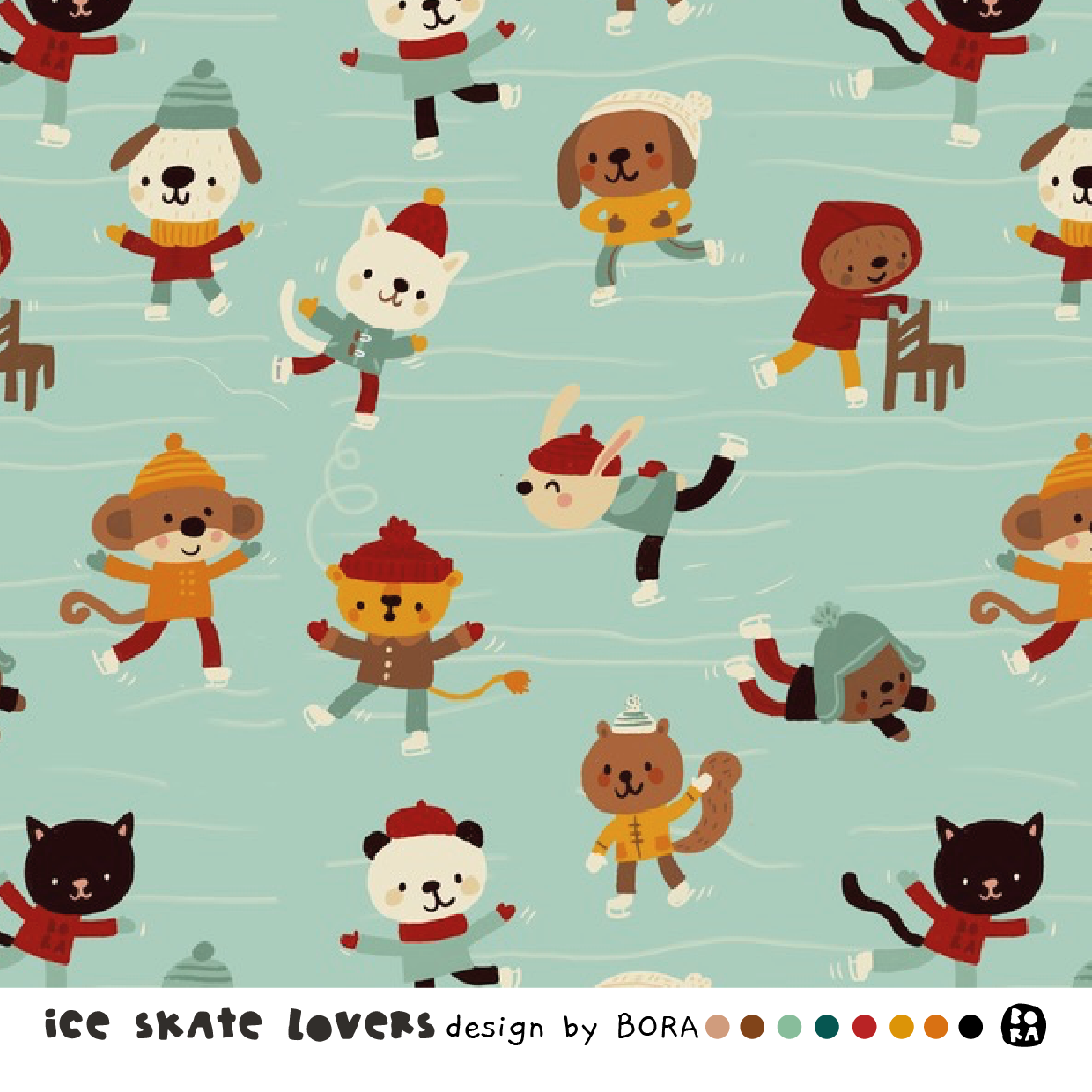 Bio Webware Stoff  -  Iceskate Lovers  - Bora, mint, Tiere, Winter, 100% Bio-Baumwolle