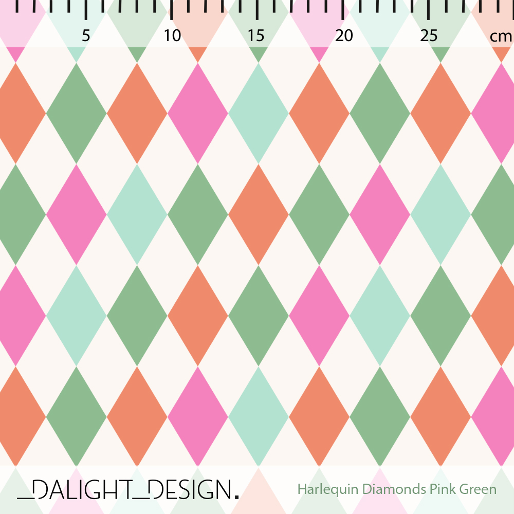 Bio Stoff - Harlequin Diamonds Pink Green von Dalight Design in pink, grün, rot, türkis, weiß