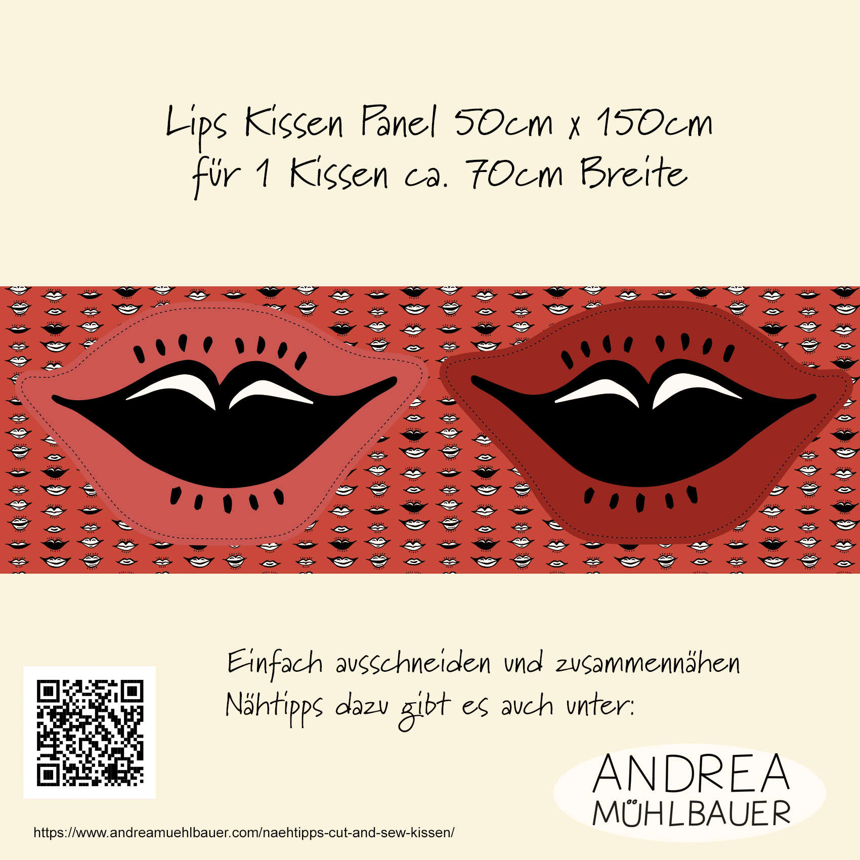 Bio Webware Stoff - 50 cm Panel Kissen Lips Rot - AndreaMuehlbauer, Rot, Panel 100% Bio-Baumwolle Bio Webware Stoff - 50 cm Panel Kissen Lips Rot - AndreaMuehlbauer, Rot, Panel 100% Bio-Baumwolle