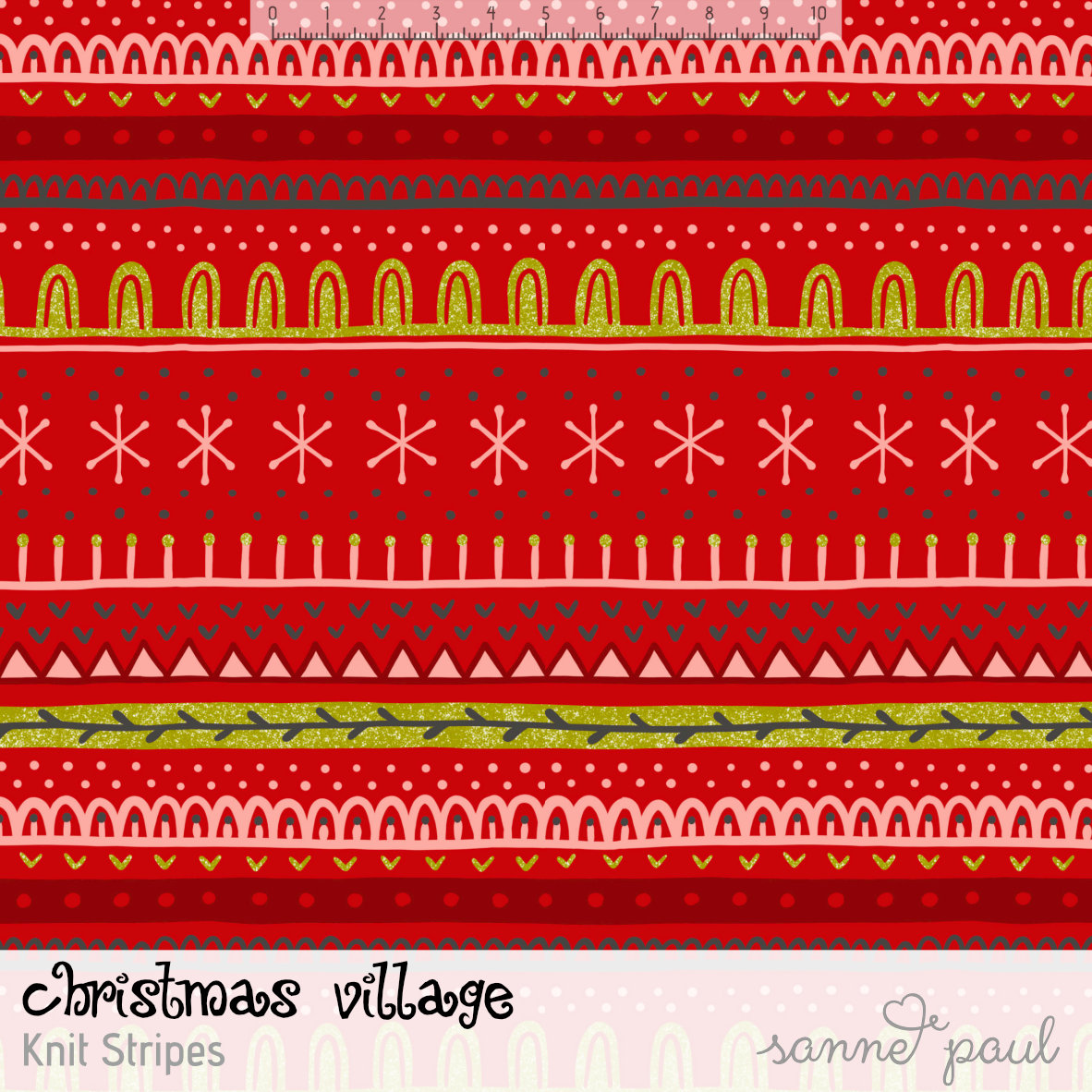 Bio Stoff  - Christmas Village Knit Stripes - SannePaul, Winter, Weihnachten, rot