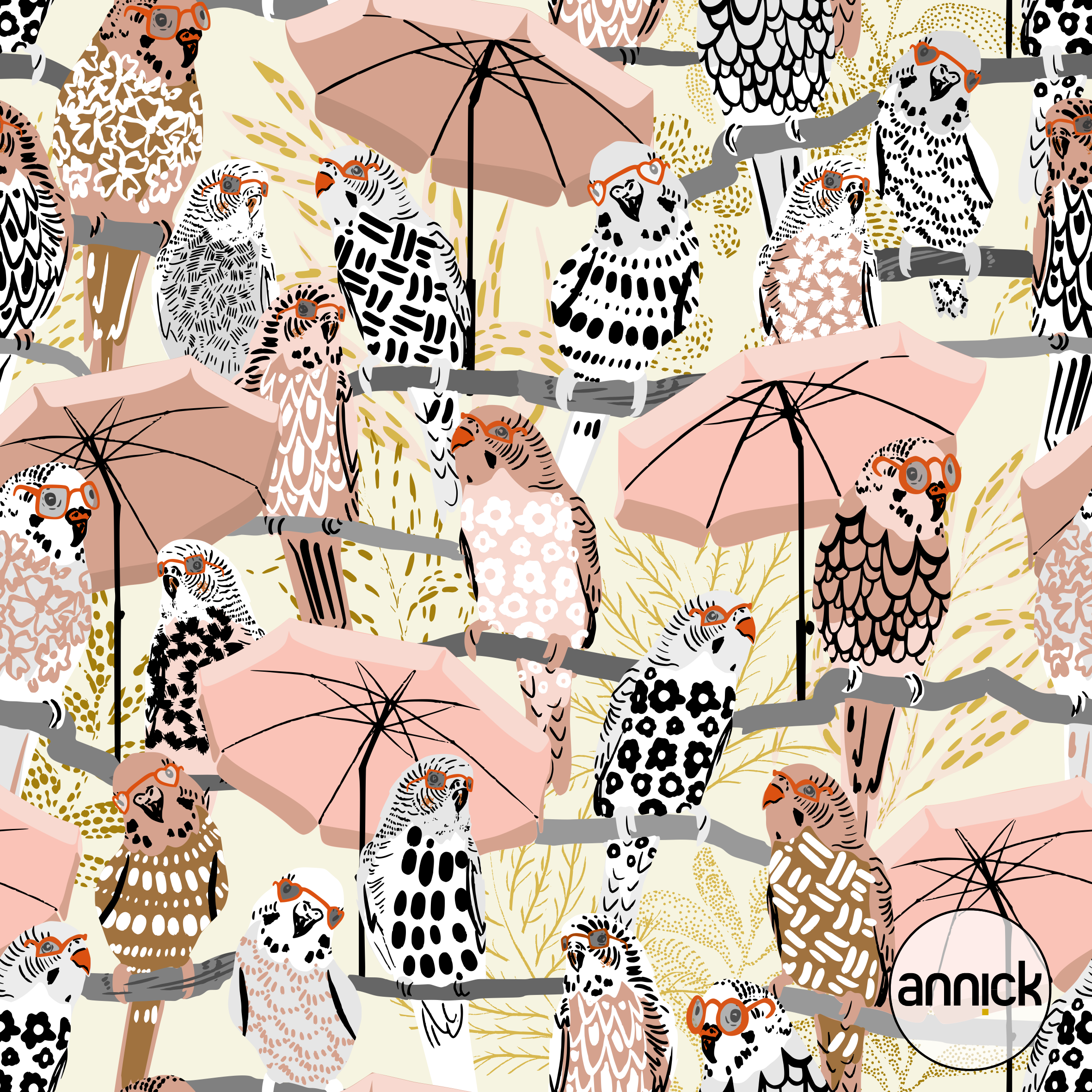 Bio Canvas Stoff  -  Budgie on Vacation Cream White  - Annick, Tiere, creme, rosa, 100% Bio-Baumwolle