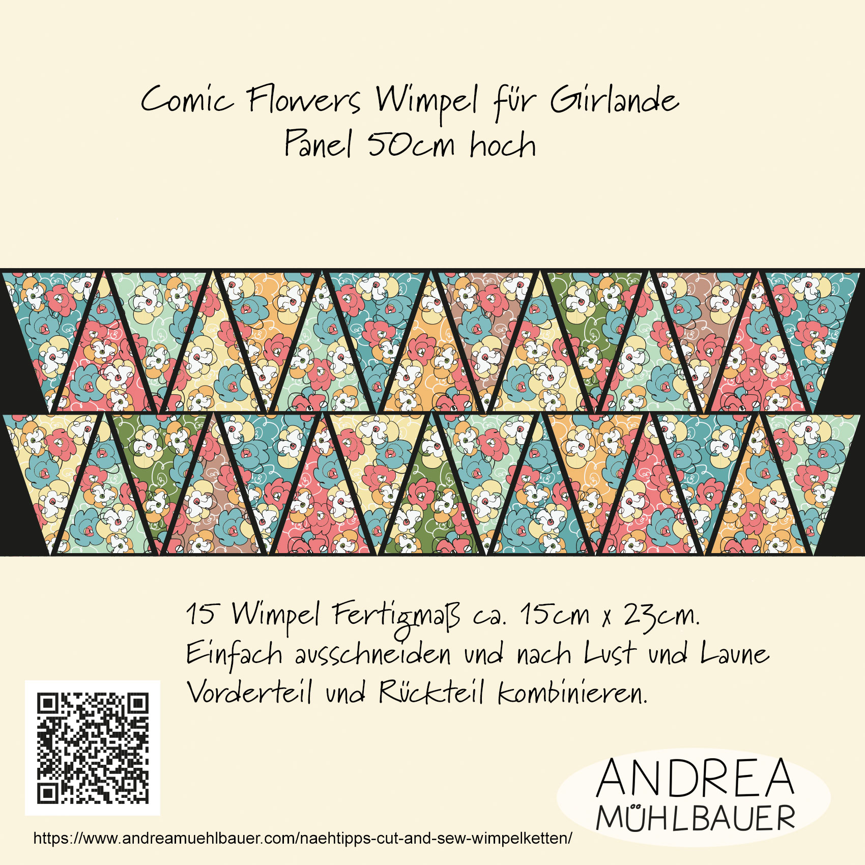 Bio Stoff - 50 cm Panel Comic Flowers Party Wimpel von Andrea Muehlbauer in bunt Bio Stoff - 50 cm Panel Comic Flowers Party Wimpel von Andrea Muehlbauer in bunt