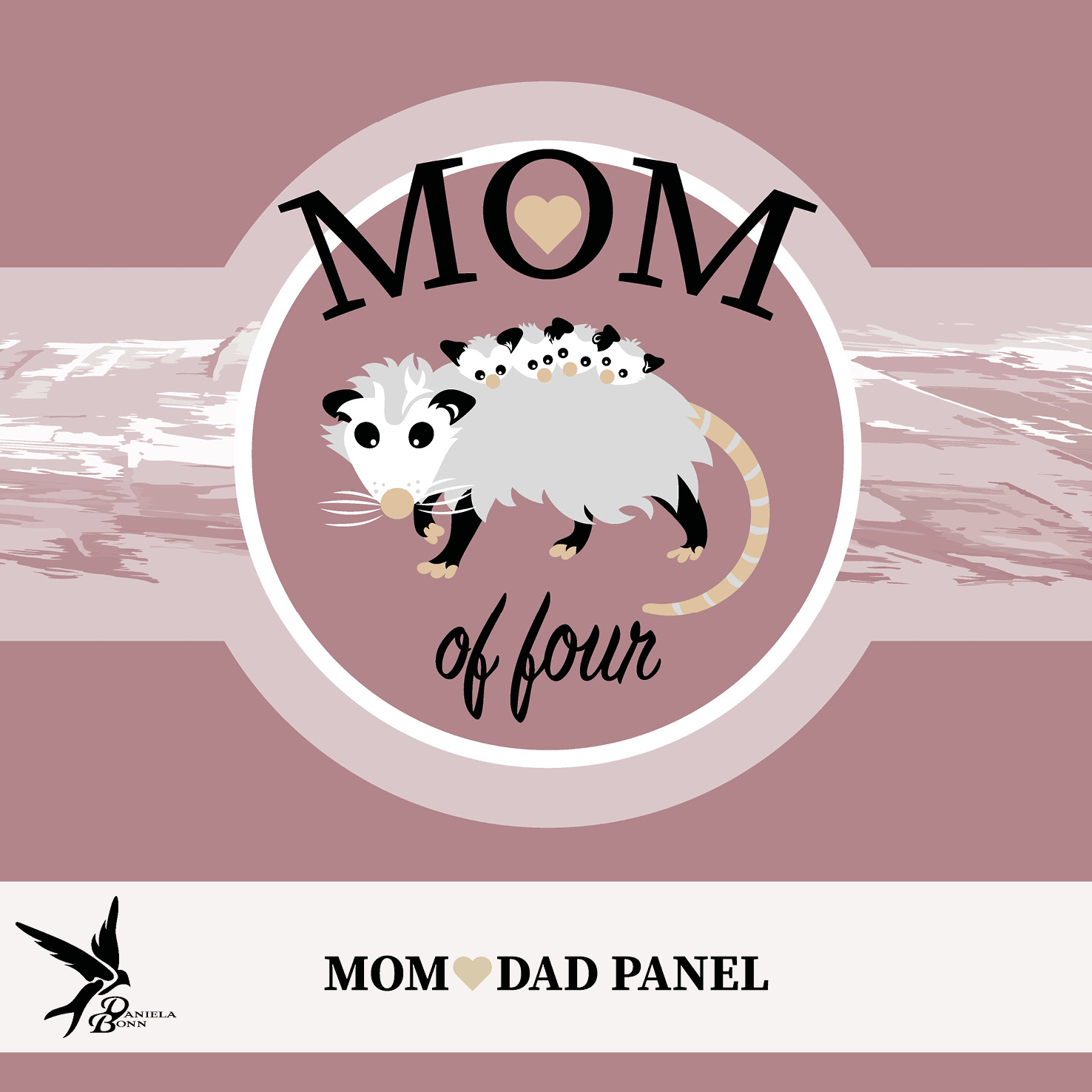 Bio Webware Stoff - 1 m Panel Mom of Four Opossum - DanielaBonn, Tiere, rosa, 100% Bio-Baumwolle Bio Webware Stoff - 1 m Panel Mom of Four Opossum - DanielaBonn, Tiere, rosa, 100% Bio-Baumwolle
