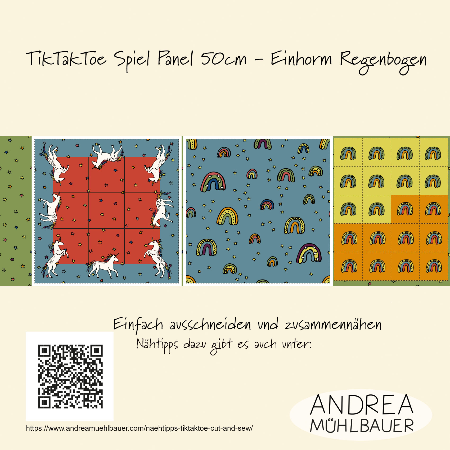 Bio Stoff - 50 cm Panel Einhorn Regenbogen Tik Tak Toe von Andrea Muehlbauer in bunt Bio Stoff - 50 cm Panel Einhorn Regenbogen Tik Tak Toe von Andrea Muehlbauer in bunt