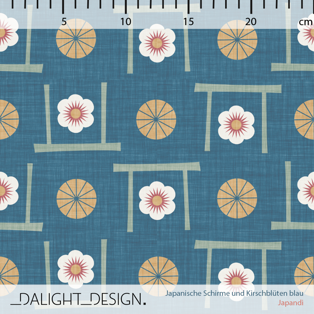 Bio Stoff  - Japanische Schirme und Kirschblüten blau