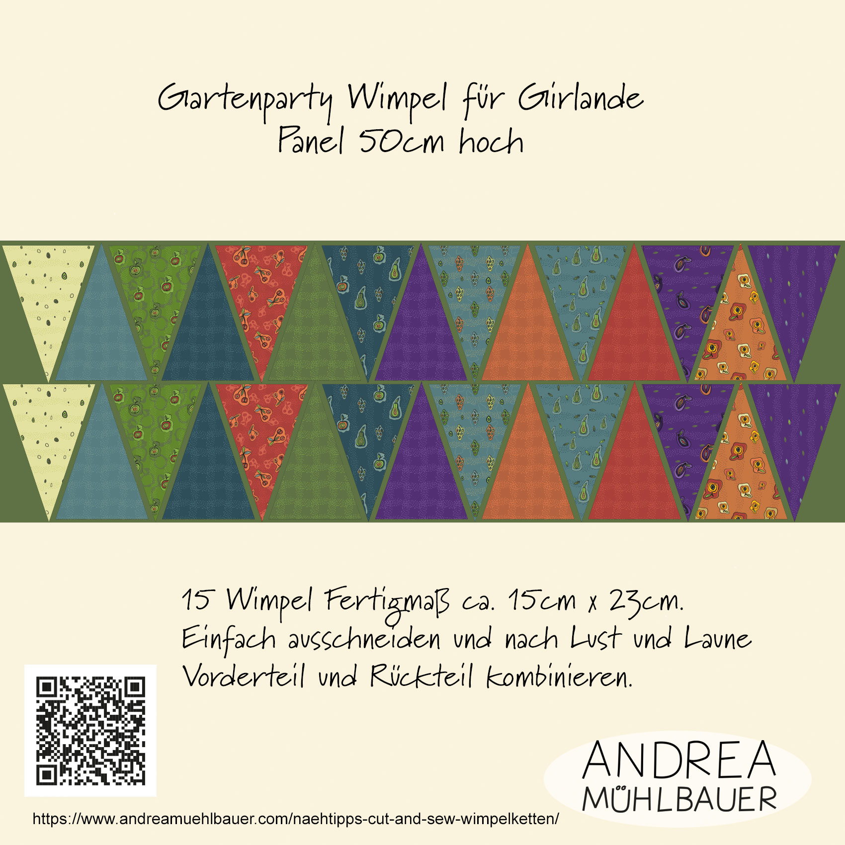 Bio Stoff - 50 cm Panel Gartenparty Wimpel von Andrea Muehlbauer in bunt Bio Stoff - 50 cm Panel Gartenparty Wimpel von Andrea Muehlbauer in bunt