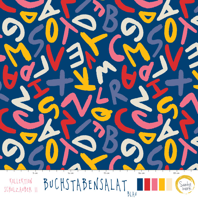 Bio Summersweat Stoff  - Buchstabensalat Blau - Sanktwerk, blau, Kinder Breite 150 cm