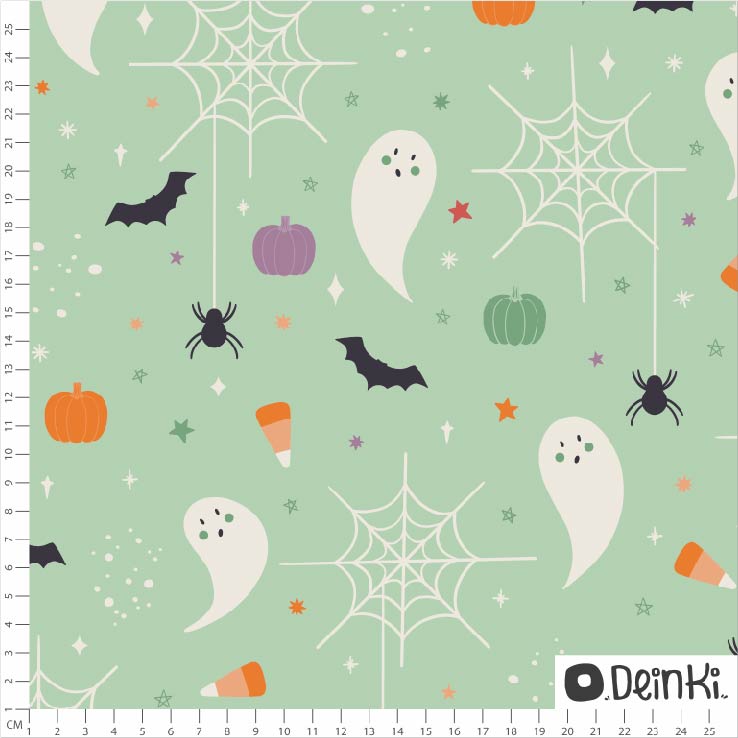 Bio Fabric - Halloween Cute Ghosts Green by Deinki in green Bio Fabric - Halloween Cute Ghosts Green by Deinki in green
