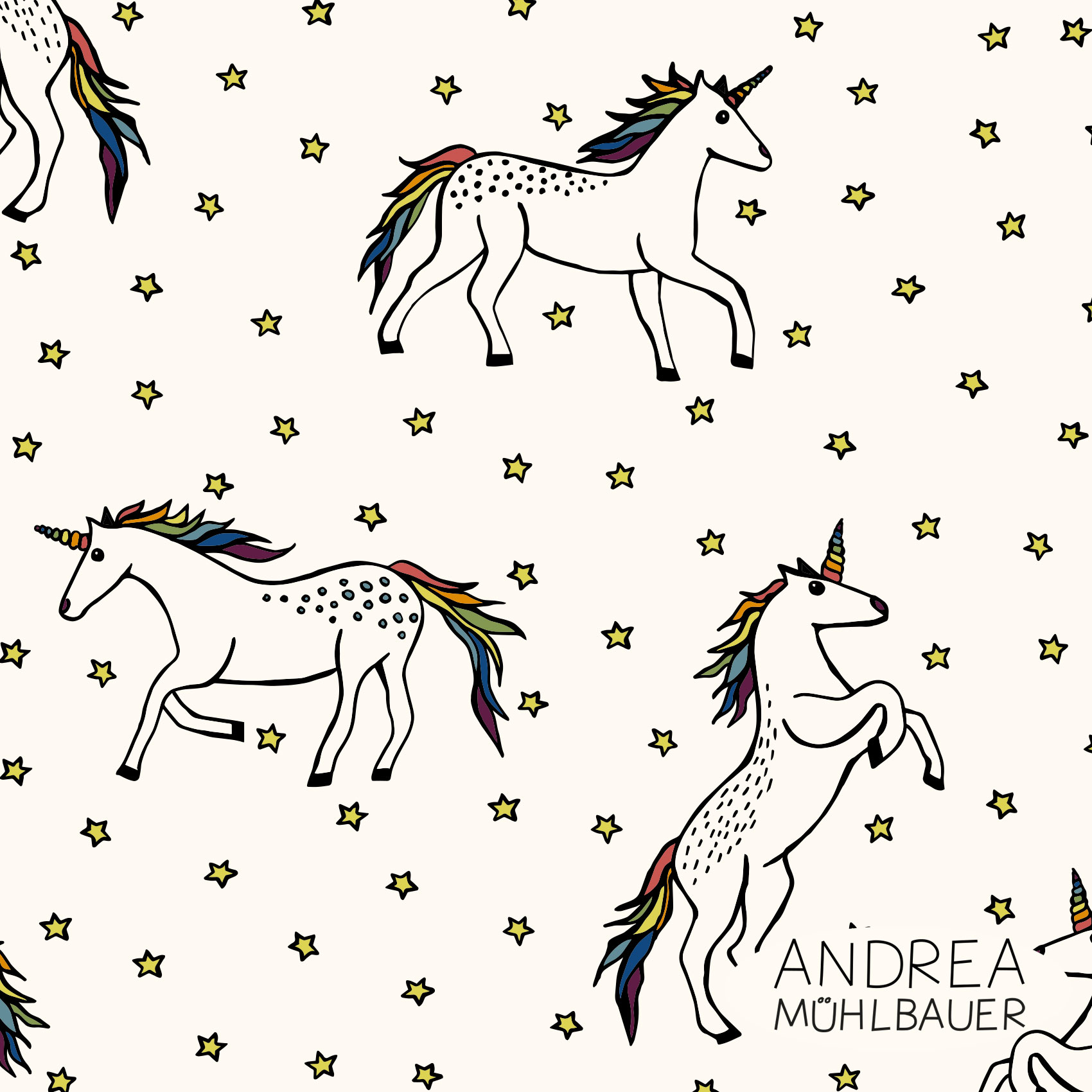Bio Webware Stoff  -  Einhörner  - AndreaMuehlbauer, Tiere, creme, Fantasy, 100% Bio-Baumwolle