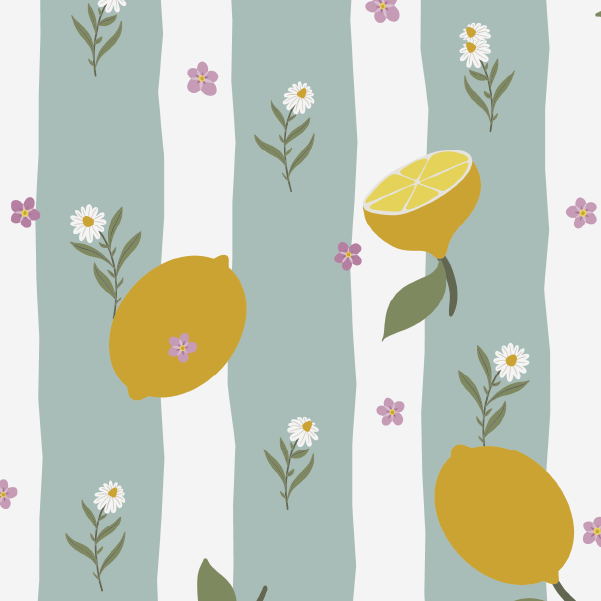Organic fabric - Streifen Zitronen und Blumen mint