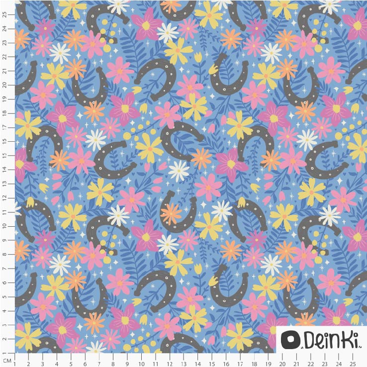 Bio Stoff - Pferde Hufeisen Und Blumen Blau von Deinki in blau