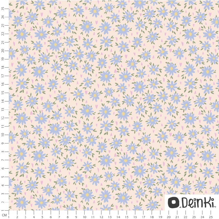 Bio Stoff  - Pastellblumen Vier Weiss Blau - Deinki, bunt, Blumen