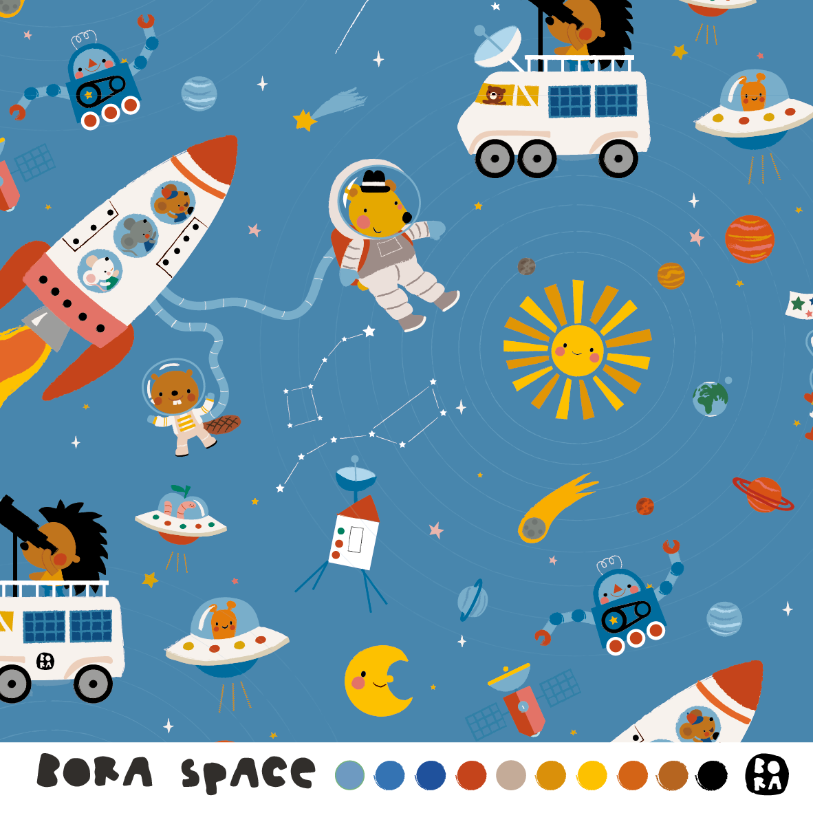 Bio Stoff  - Space Square - Bora, blau, Kinder, Weltraum