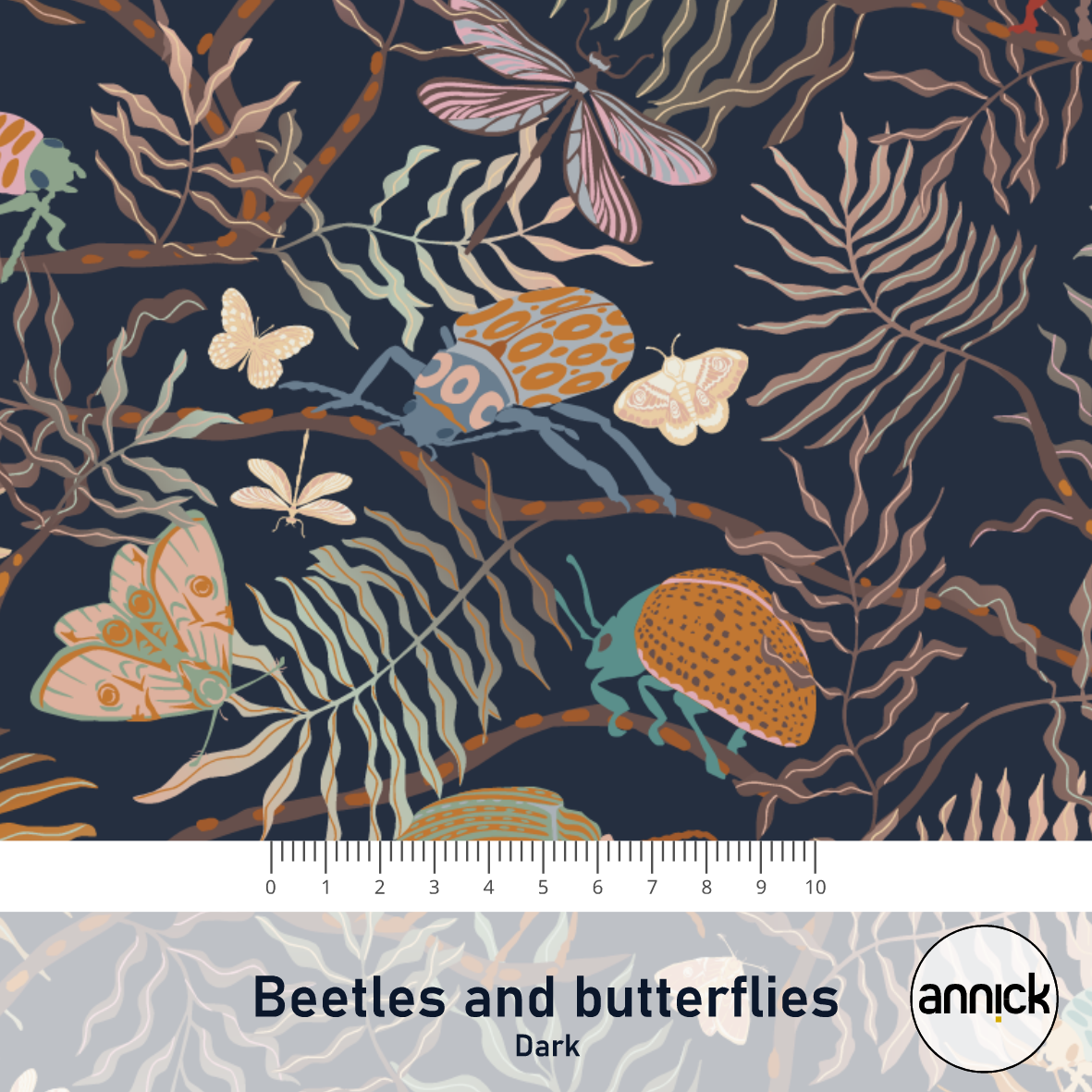 Bio Stoff  -  Beetles and Butterflies Dark  - Annick, blau, Wald, Tiere, Herbst