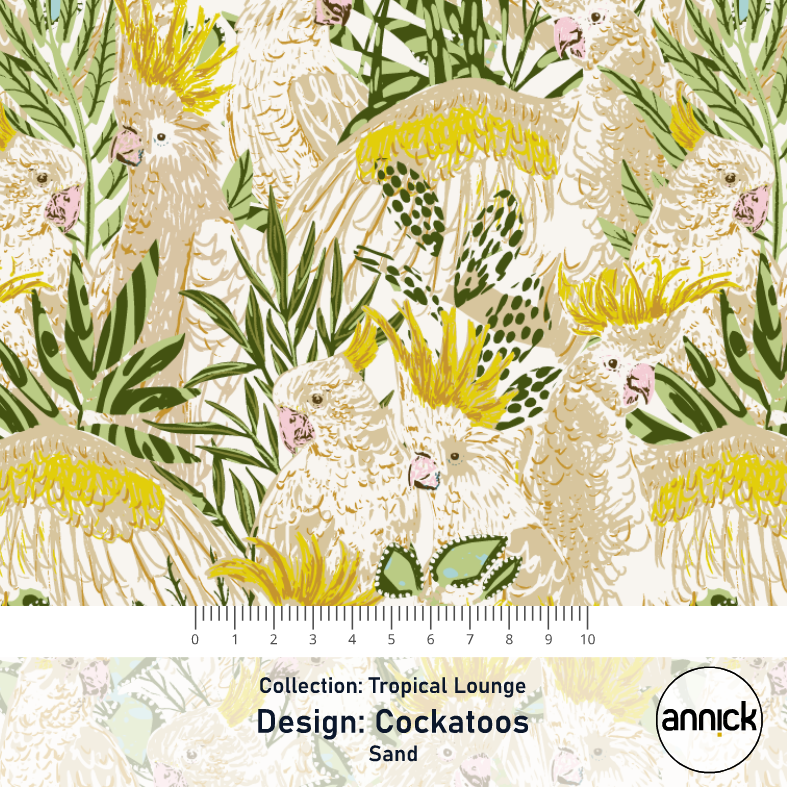 Bio Webware Stoff - Tropical Lounge Cockatoos Sand - Annick, gelb, Tiere, 100% Bio-Baumwolle Bio Webware Stoff - Tropical Lounge Cockatoos Sand - Annick, gelb, Tiere, 100% Bio-Baumwolle