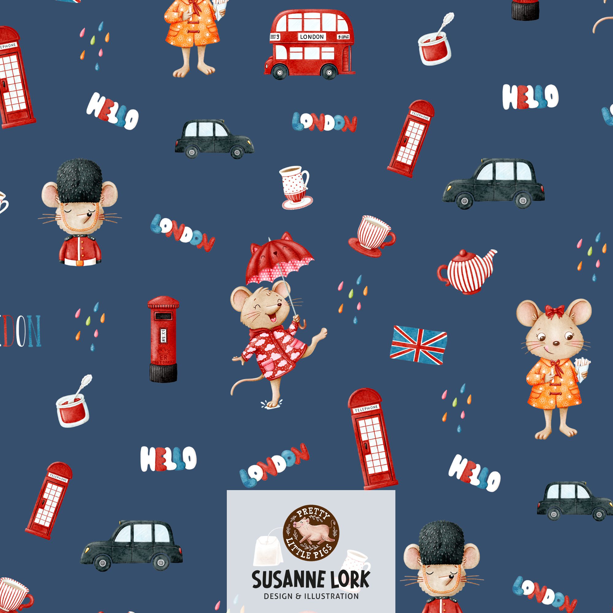 Bio Stoff - Hello London Urlaub Dunkelblau von Pretty Little Pigs in blau