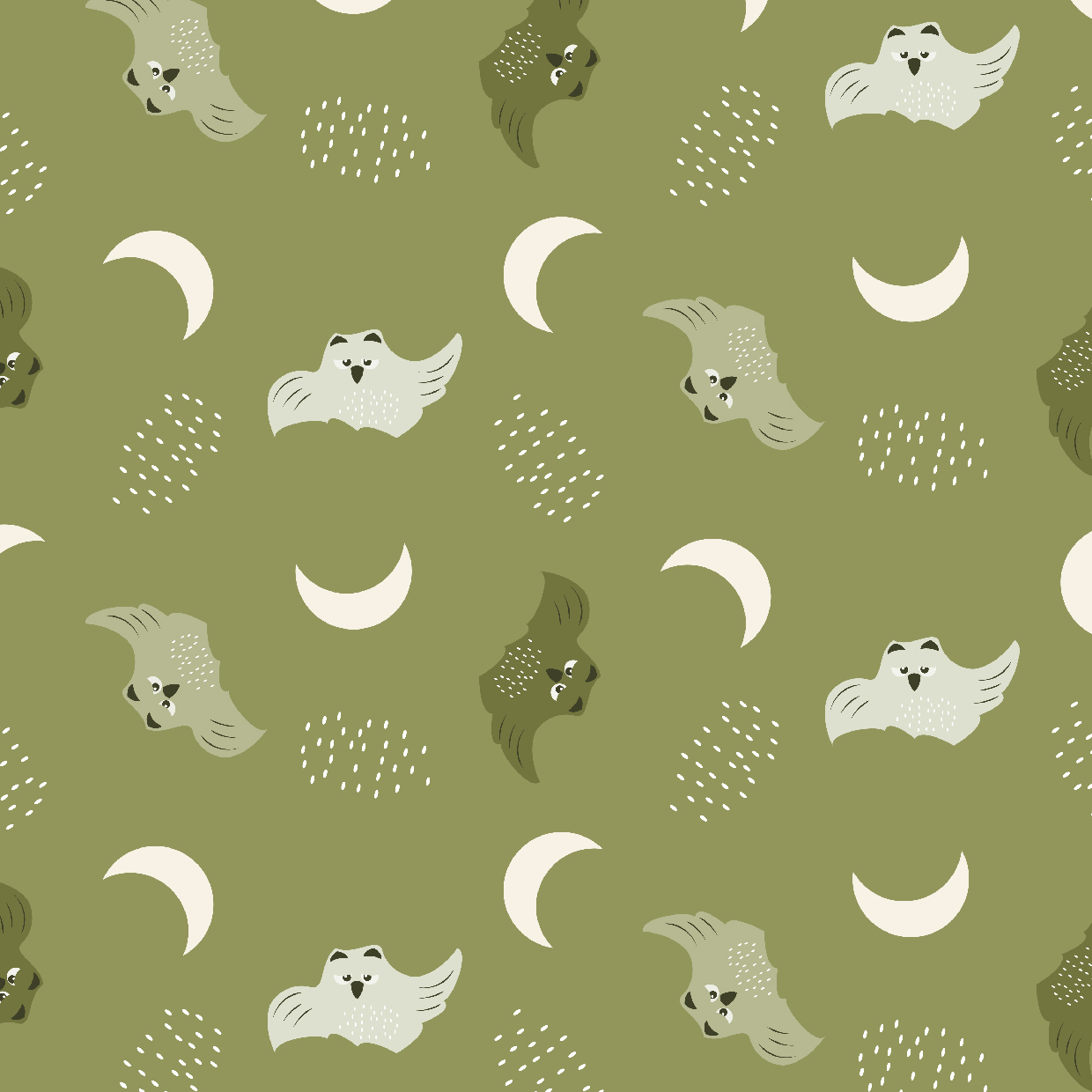 Bio Webware Stoff  - Eulen und Mond Farn - EviRoiderDesign, Tiere, grün, Halloween, 100% Bio-Baumwolle