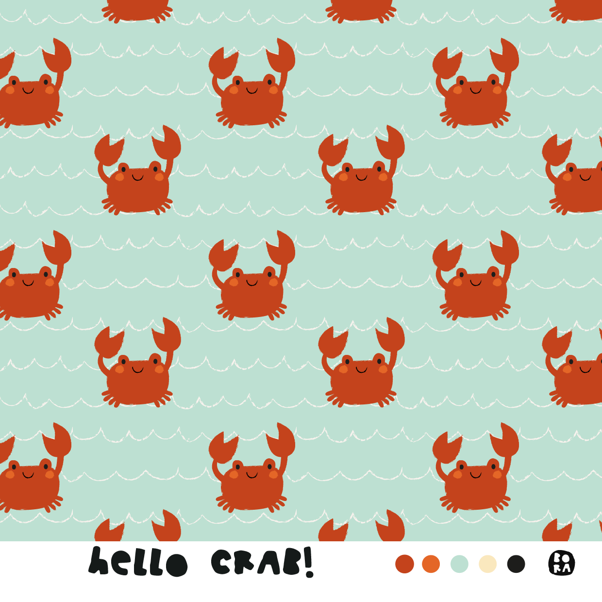 Bio Webware Stoff  -  Hello Crab  - Bora, Tiere, Maritim, mint, orange, 100% Bio-Baumwolle