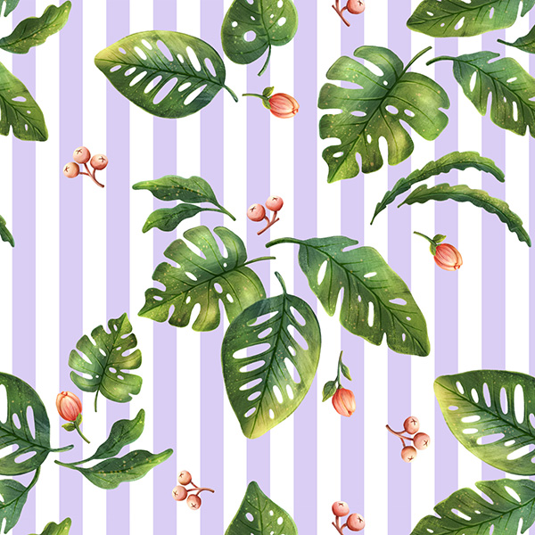 Bio Stoff  -  Blätter und Knospen Streifen lavendel