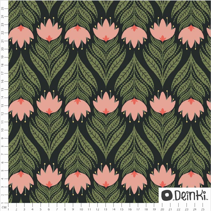 Bio Webware Stoff - Folk Blume schwarz grün rosa - Deinki, schwarz, Floral & Blumen 100% Bio-Baumwolle Bio Webware Stoff - Folk Blume schwarz grün rosa - Deinki, schwarz, Floral & Blumen 100% Bio-Baumwolle