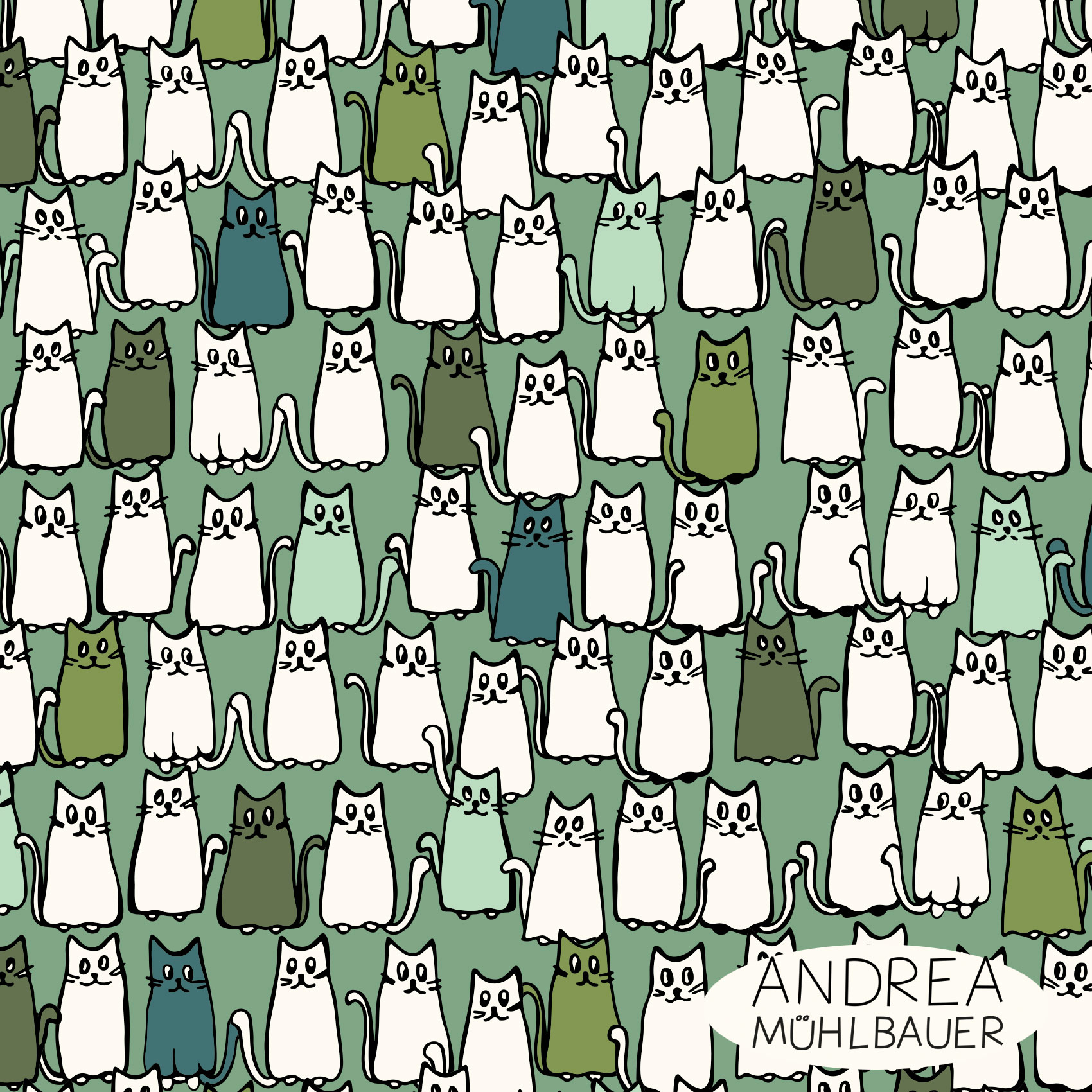 Bio Summersweat Stoff  - Cats Green - AndreaMuehlbauer, grün, Tiere Breite 150 cm
