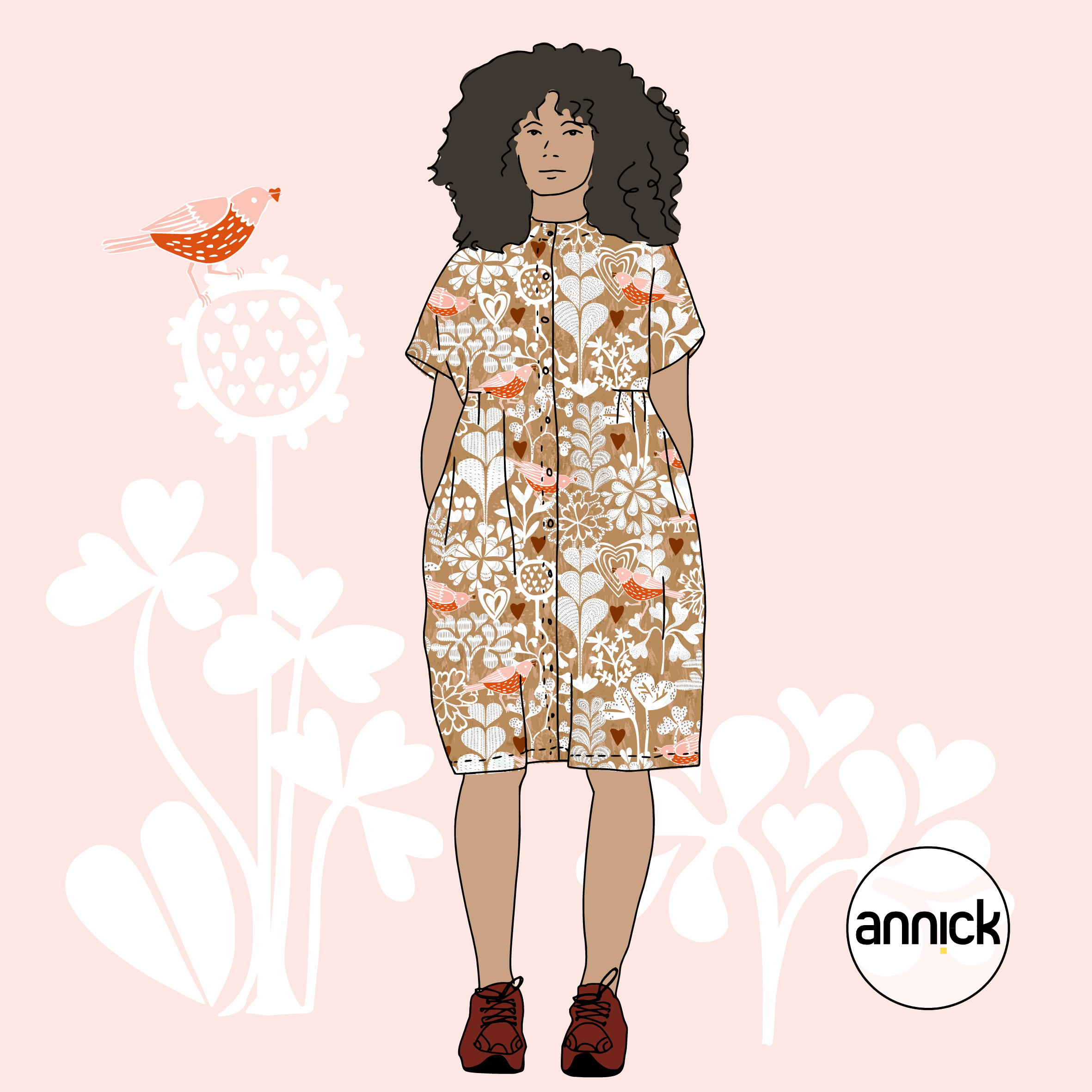 Bio Webware Stoff  -  Love is all around tan  - Annick, Blätter & Ranken, Tiere, Floral & Blumen, braun, beige, 100% Bio-Baumwolle