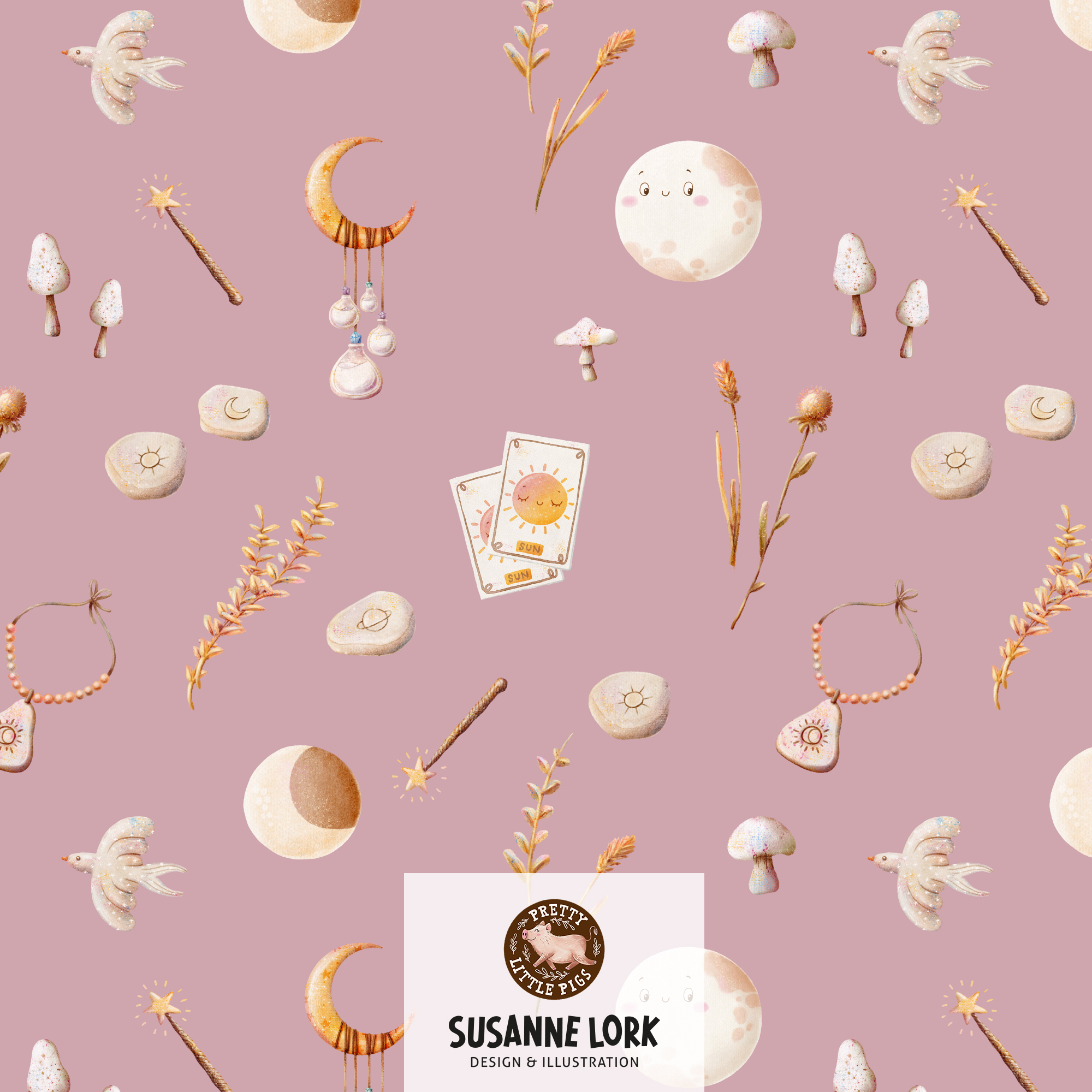 Bio Fabric - Magical Forest Rune Stones Dusty Pink by Pretty Little Pigs in pink