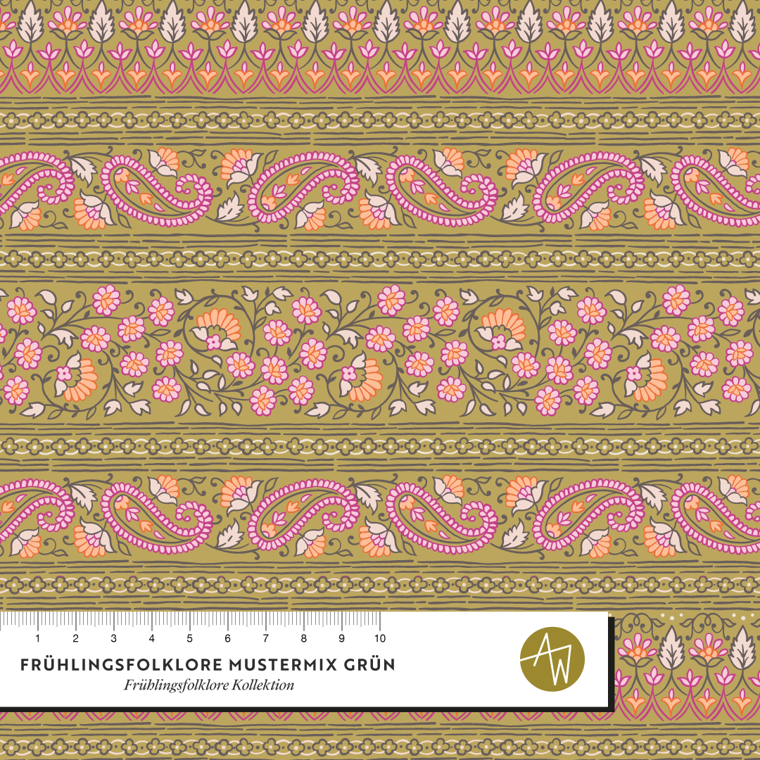 Bio Stoff  - Frühlingsfolklore Mustermix grün
