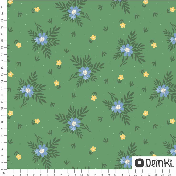 Bio Stoff  - Handbemalte Blumen Grün Gruen Blau - Deinki, creme, Floral & Blumen, Frühling