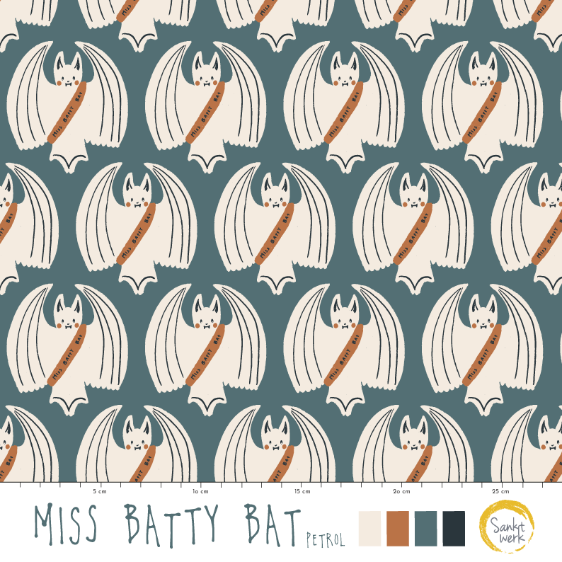 Organic Fabric - Miss Batty Bat Petrol by Sanktwerk in petrol