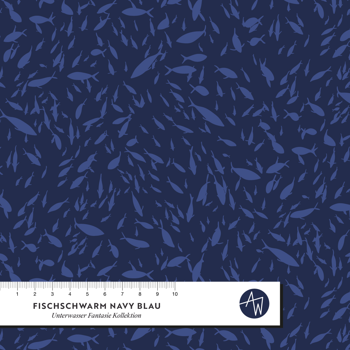 Organic Fabric - Fish School Navy Blue by Alexandra Weise in blue