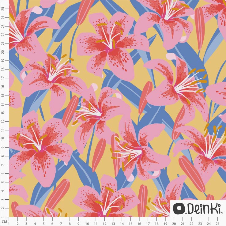 Bio Summersweat Stoff  - Bunte Lilien Sommer - Deinki, gelb, Blumen Breite 150 cm