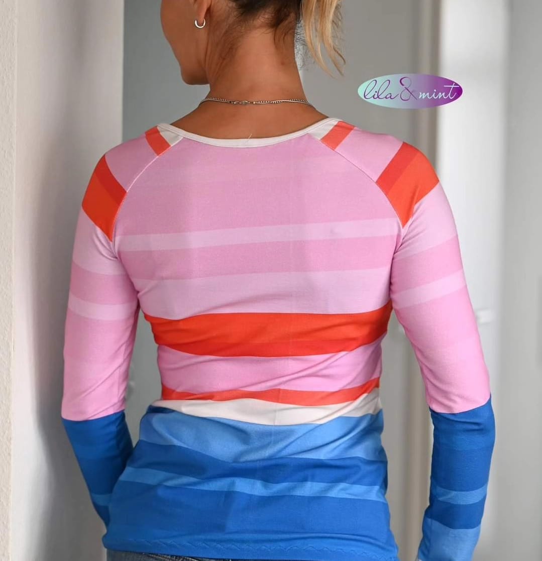 Organic fabric -  Horizontal block stripes in blue, red and pink