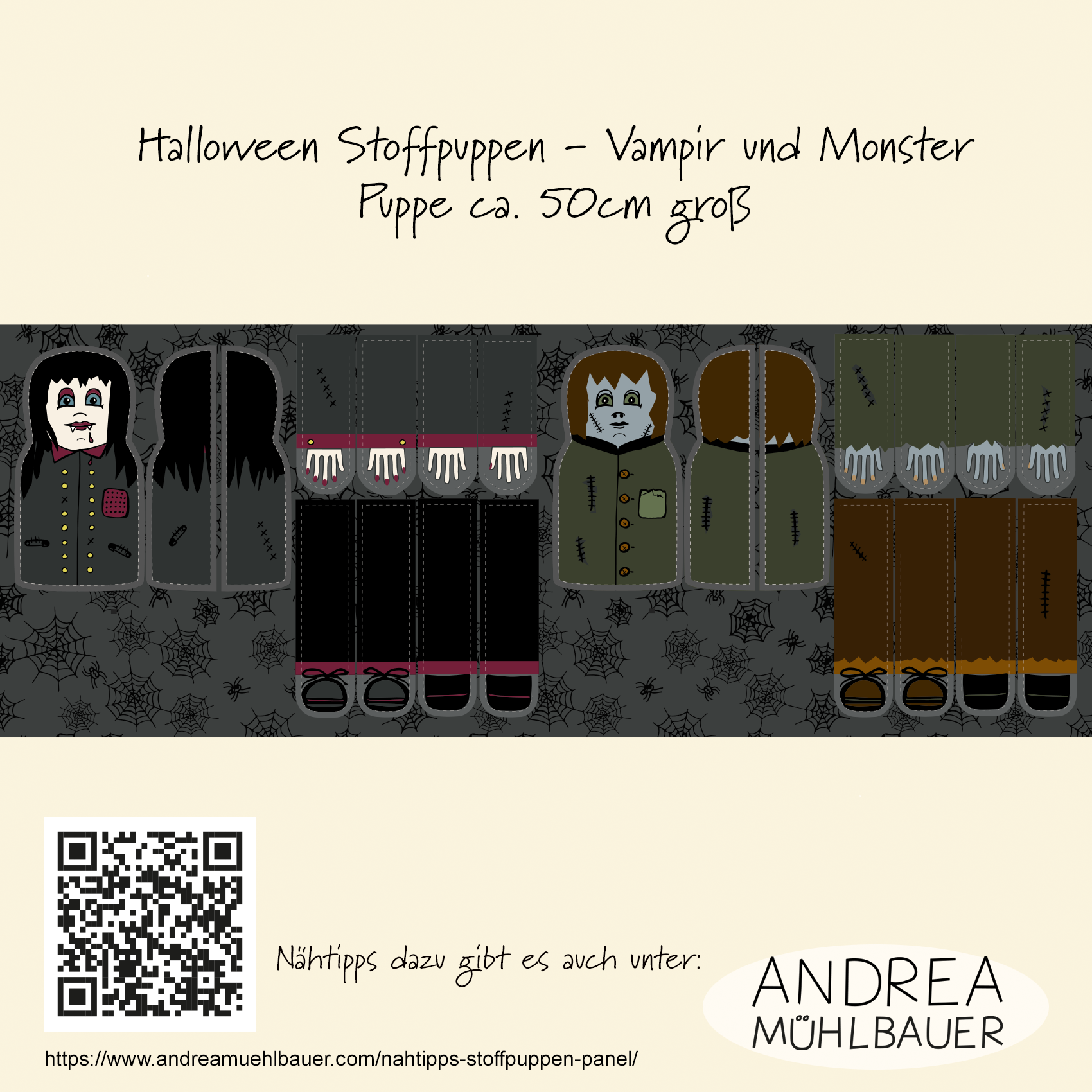 Bio Stoff - 50 cm Panel Halloween Puppen Vampir Und Monster von Andrea Muehlbauer in schwarz Bio Stoff - 50 cm Panel Halloween Puppen Vampir Und Monster von Andrea Muehlbauer in schwarz
