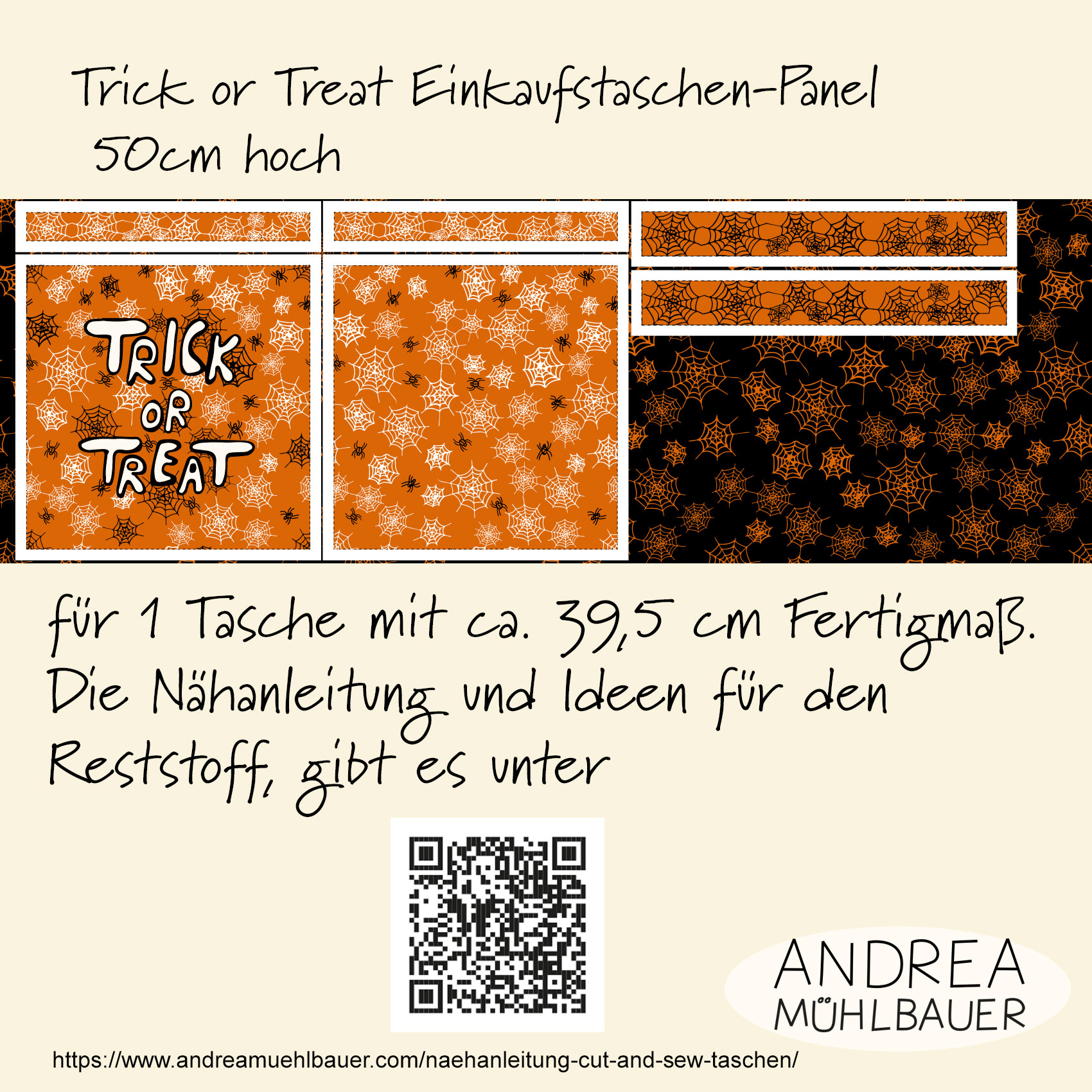 Bio Webware Stoff - 50 cm Panel Trick or Treat Einkaufstasche - AndreaMuehlbauer, orange, Cut & Sew, Halloween, schwarz, 100% Bio-Baumwolle Bio Webware Stoff - 50 cm Panel Trick or Treat Einkaufstasche - AndreaMuehlbauer, orange, Cut & Sew, Halloween, schwarz, 100% Bio-Baumwolle