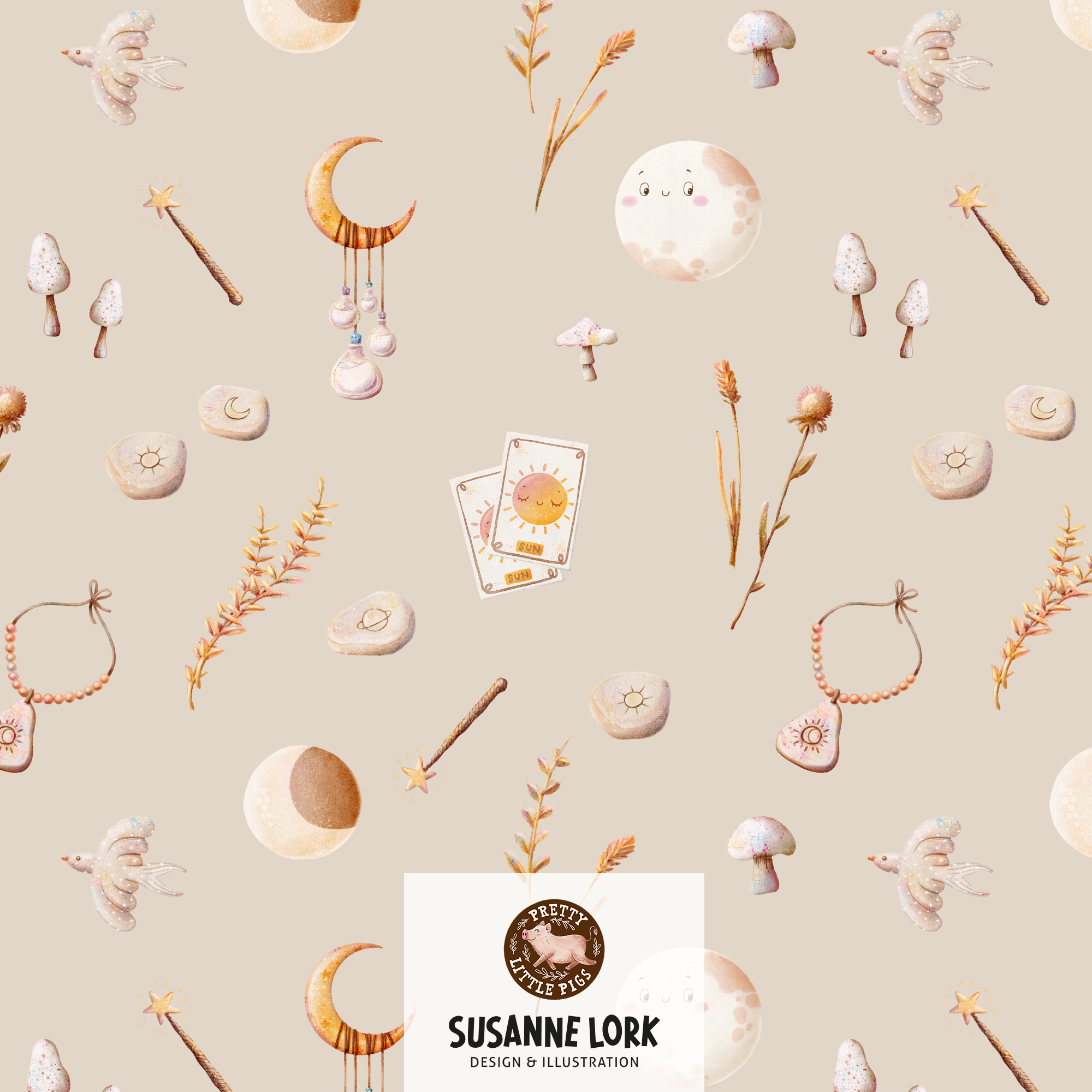 Bio Fabric - Magical Forest Rune Stones by Pretty Little Pigs in beige