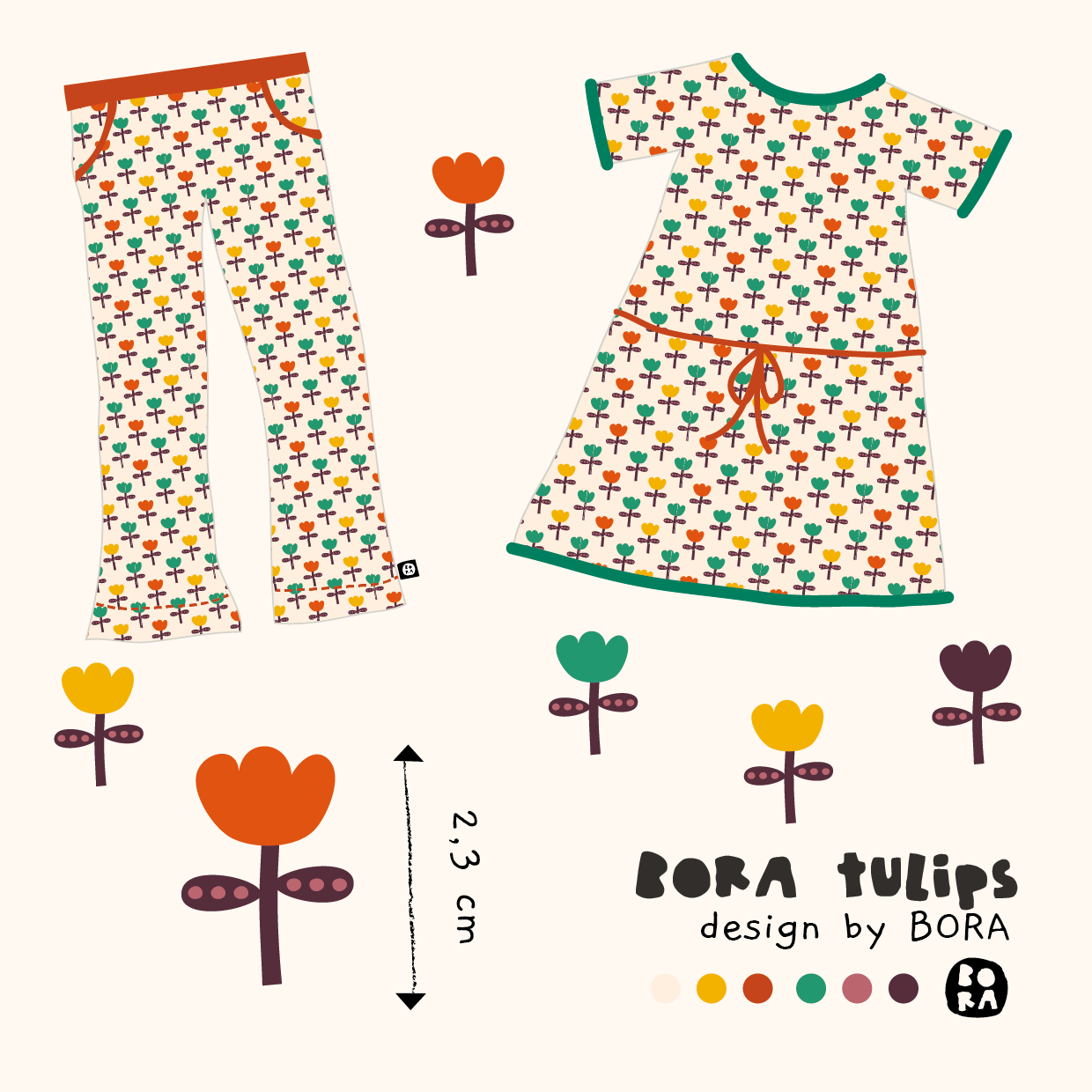 Bio Webware Stoff  -  Tulips  - Bora, Blätter & Ranken, Frühling, Sommer, Floral & Blumen, bunt, beige, 100% Bio-Baumwolle