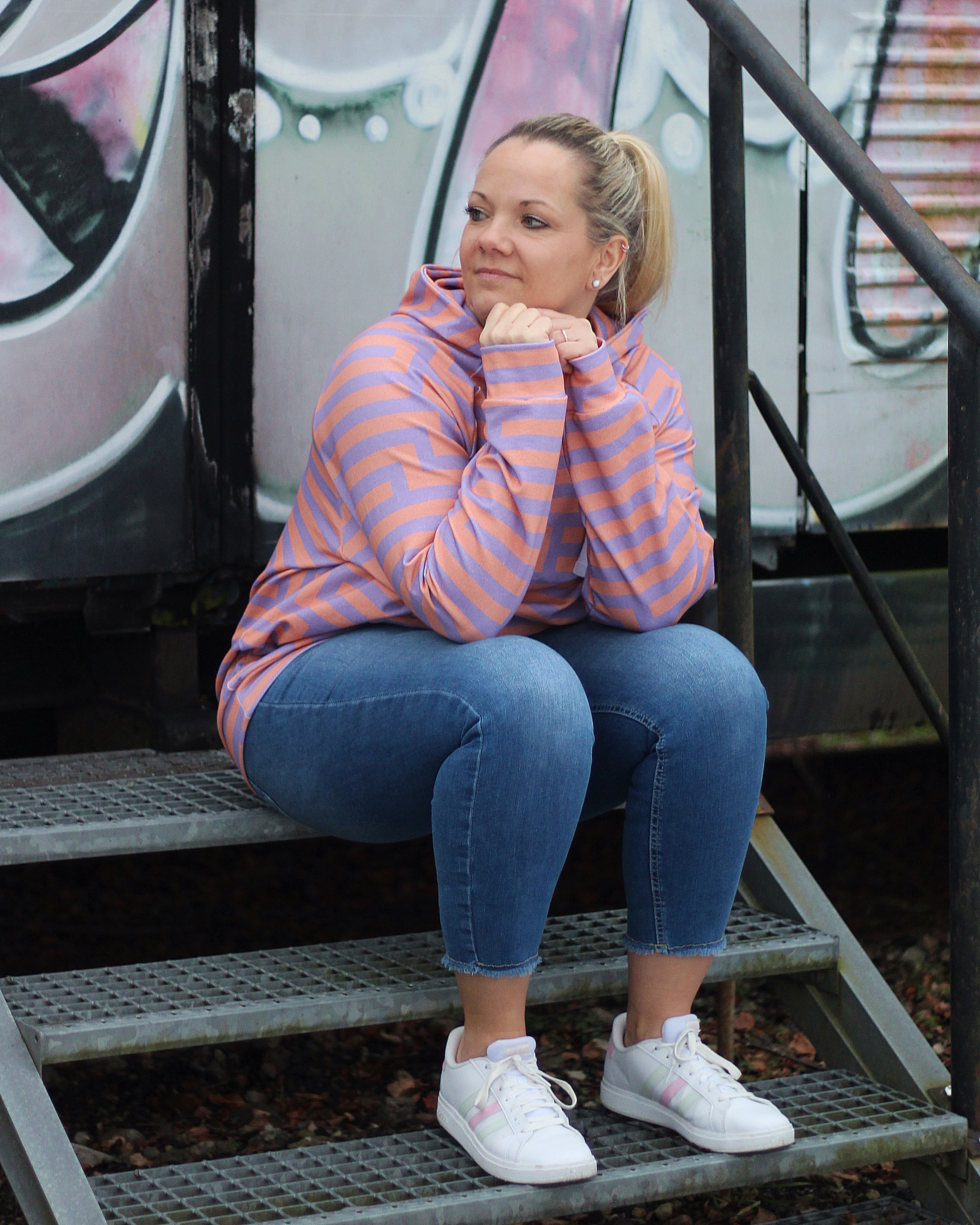 Bio Stoff - Gleichklang Horizontalstreifen flieder, koralle