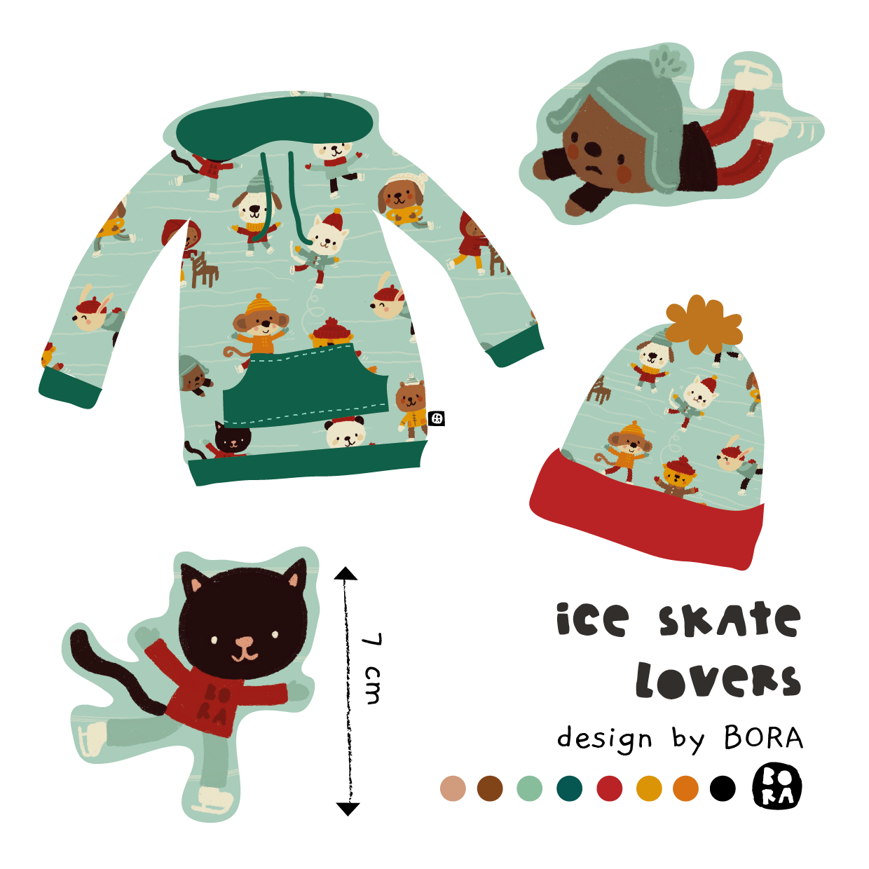 Bio Webware Stoff  -  Iceskate Lovers  - Bora, mint, Tiere, Winter, 100% Bio-Baumwolle