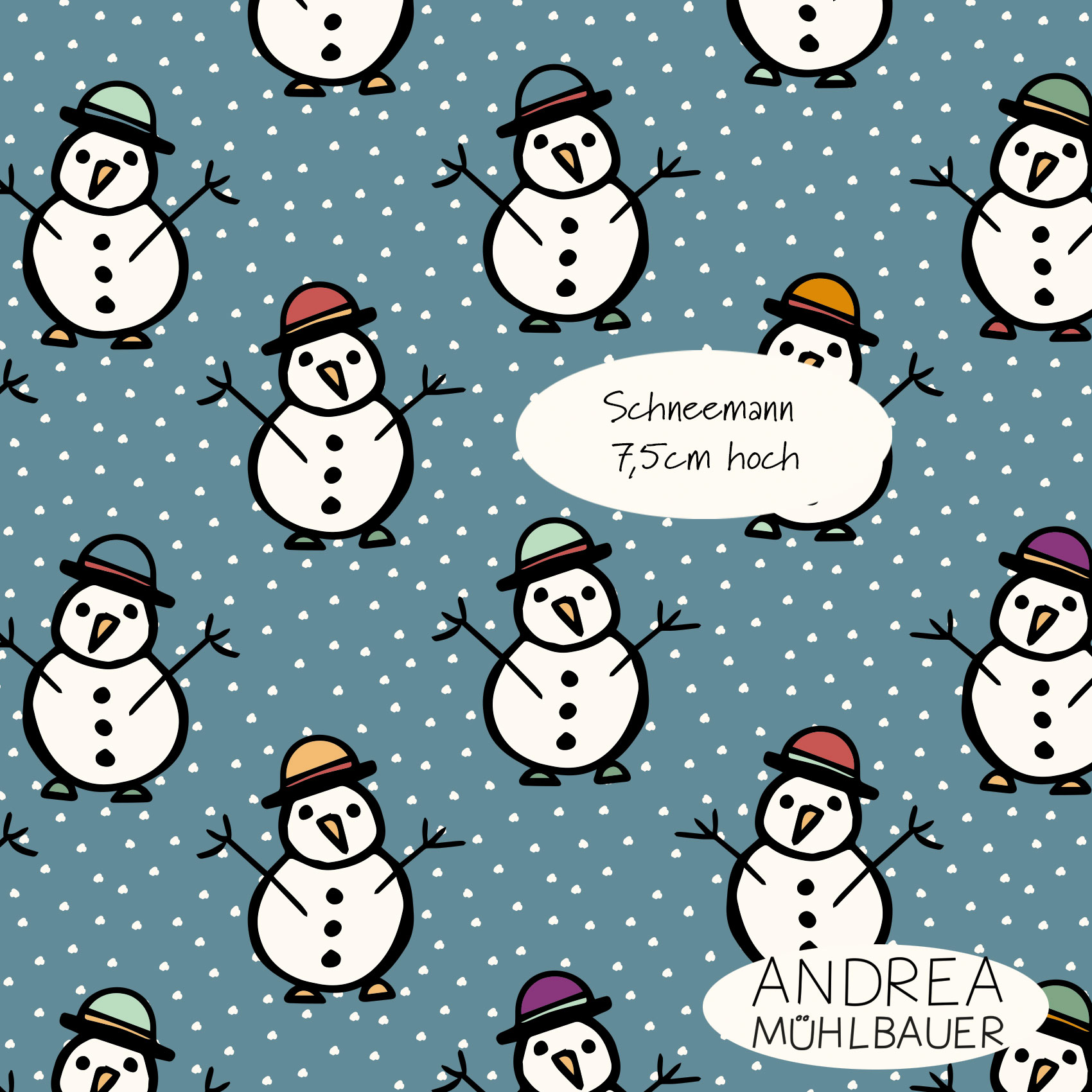 Bio Webware Stoff  - Snowman on soft winter Sky Blue -AndreaMuehlbauer, Winter, blau, 100% Bio-Baumwolle