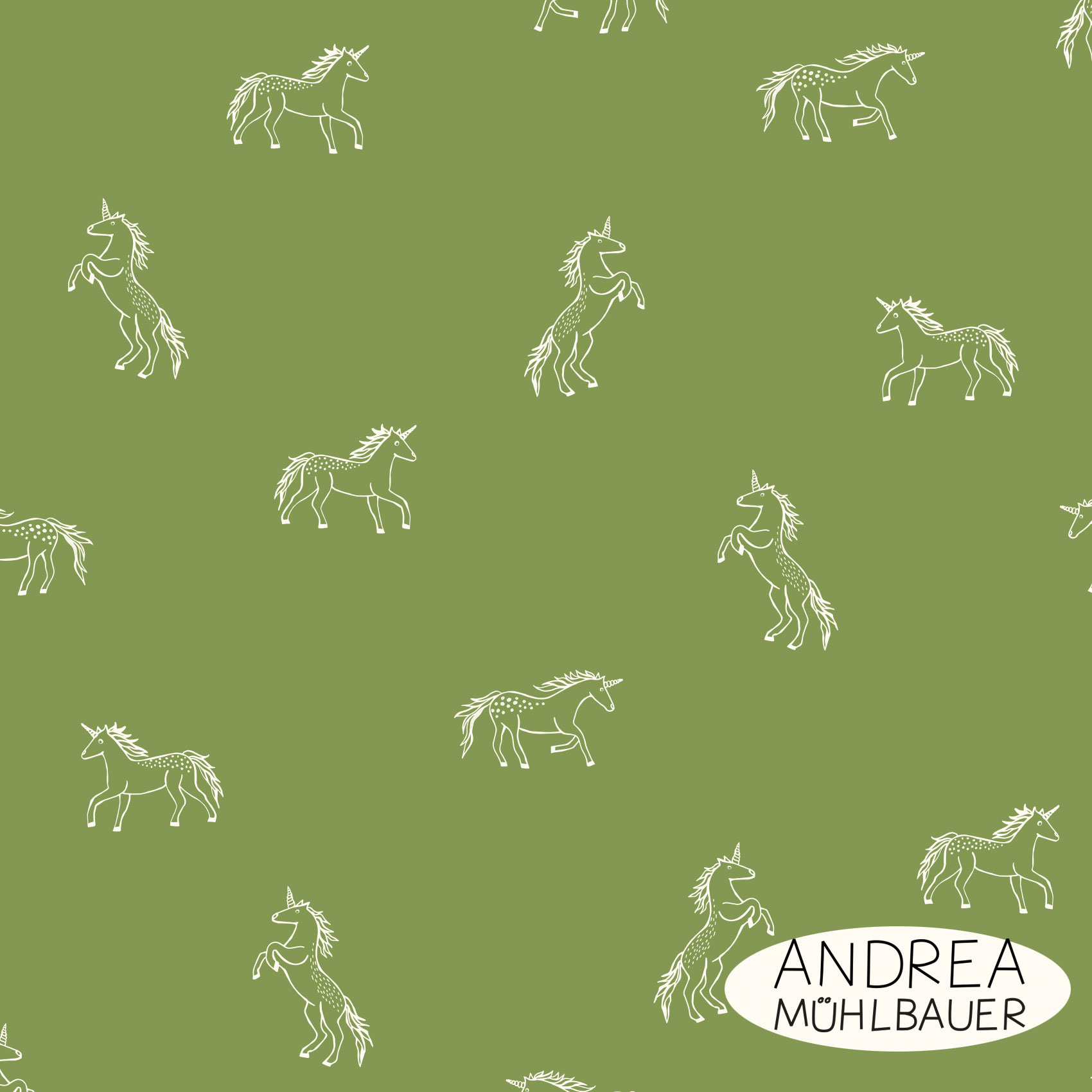 Bio Webware Stoff  -  Einhörner Outlines Green  - AndreaMuehlbauer, grün, Tiere, Fantasy, 100% Bio-Baumwolle